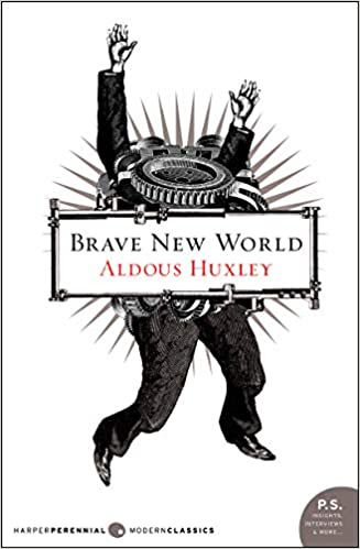 Couverture du livre Brave New World d'Aldous Huxley;  illustration d'un homme comme figure avec des engrenages pour une tête