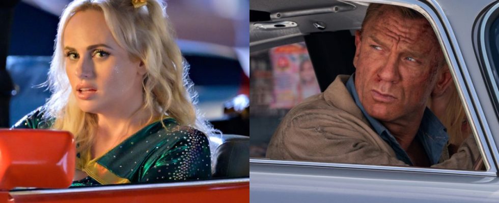 Rebel Wilson in Senior Year and Daniel Craig in No Time To Die, pictured in separate cars side by side.