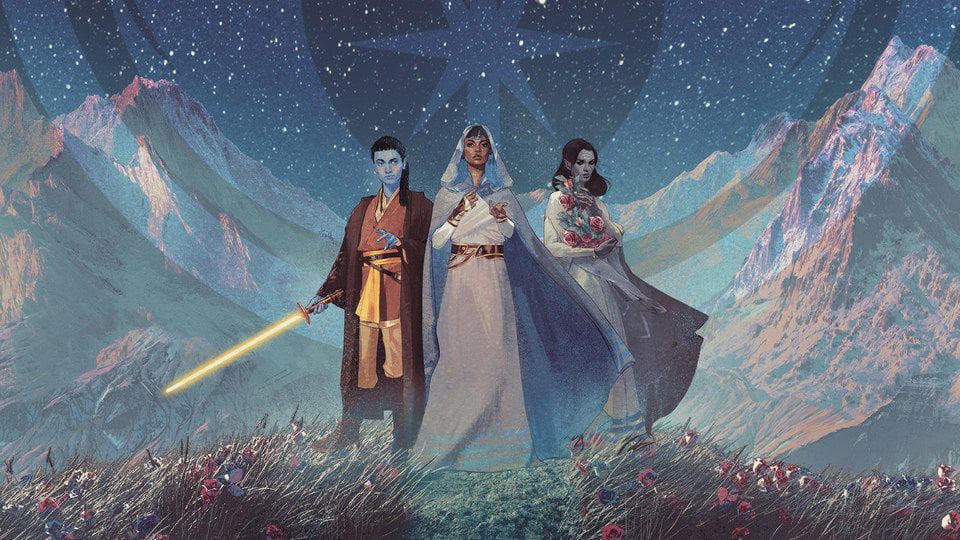 Art du roman Star Wars YA The High Republic: Path of Deceit , représentant un jeune Jedi à la peau bleue et un sabre laser doré debout à côté d'une femme tenant des fleurs contre sa poitrine, et tous deux derrière une femme en robe avec les mains tendues.