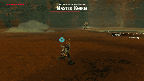 Link mitraille le champ de bataille avec Maître Kohga, qui invoque une grosse boule de métal qui retombe sur lui