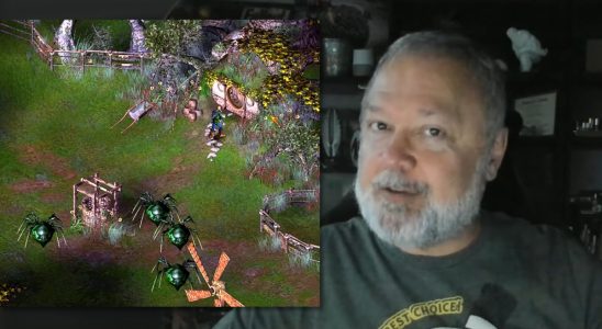 Tim Cain next to a gameplay screenshot of his prototype LotR videogame.