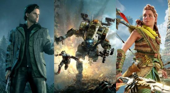 A split image of Alan Wake, Aloy in Horizon: Forbidden West, and Cooper and BT in Titanfall 2