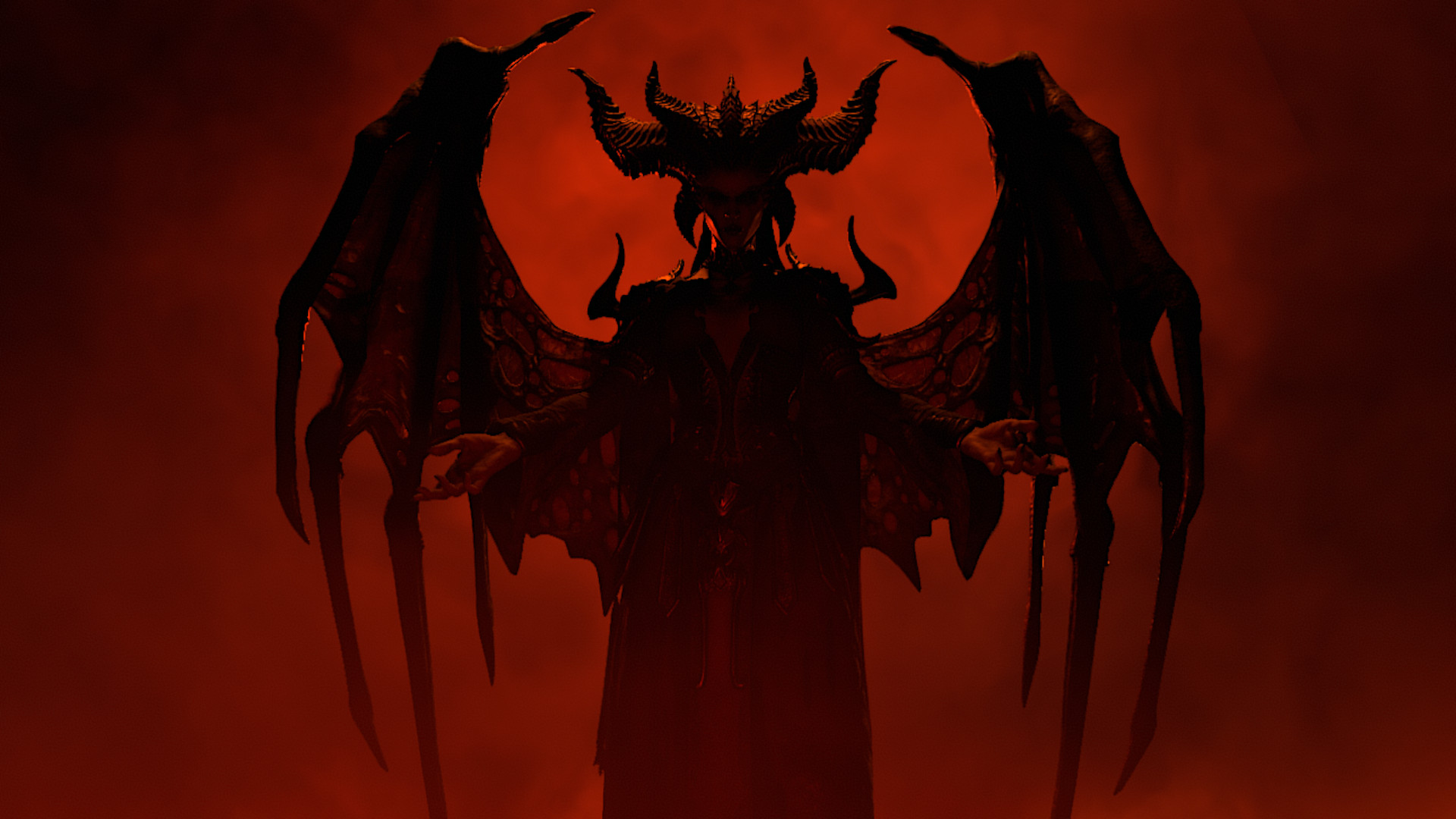 Meilleurs réglages de Diablo 4 : Une silhouette de Lilith contraste fortement sur un fond rouge sang