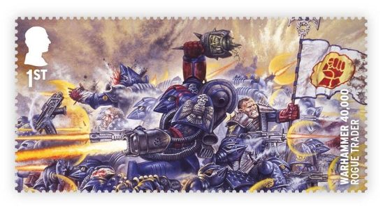 A limited edition stamp featuring the cover art from the original Rogue Trader rulebook.