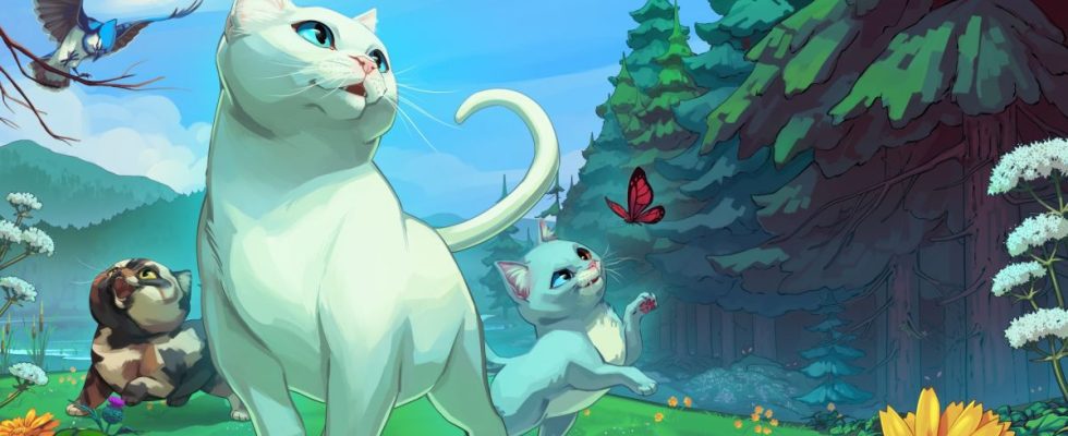 Cattails: Wildwood Story - key art of a while cat walking through a forest followed by calico and bluish kittens chasing butterflies