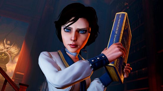 Vente BioShock Infinite Steam - Elizabeth, un jeune homme aux cheveux noirs vêtu d'un haut blanc et bleu, vous regarde avec colère, tenant un gros livre comme pour menacer d'un coup.