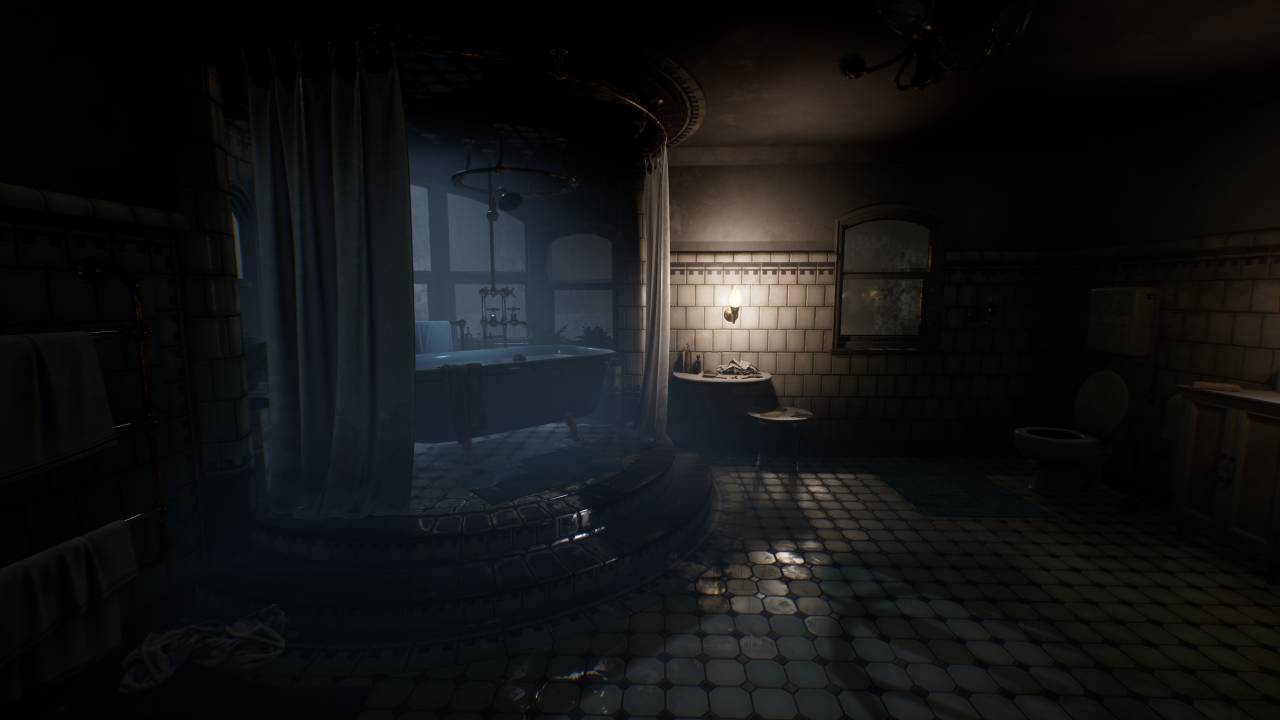 Aperçu du gameplay d'Ad Infinitum : une salle de bain avec la baignoire surélevée de quelques marches et une lumière au-dessus d'un lavabo de l'autre côté.