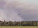 Un bombardier à eau vole vers un important feu de champ et de forêt au Québec en 2020. 