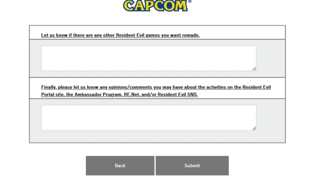 Sondage de Capcom posant des questions sur Resident Evil.