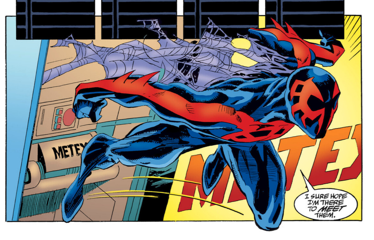 Spider-Man 2099 entre en action dans son costume bleu et rouge et sa cape en lambeaux dans un panneau de Spider-Man 2099 (Vol.1) #4, Marvel Comics, 1992