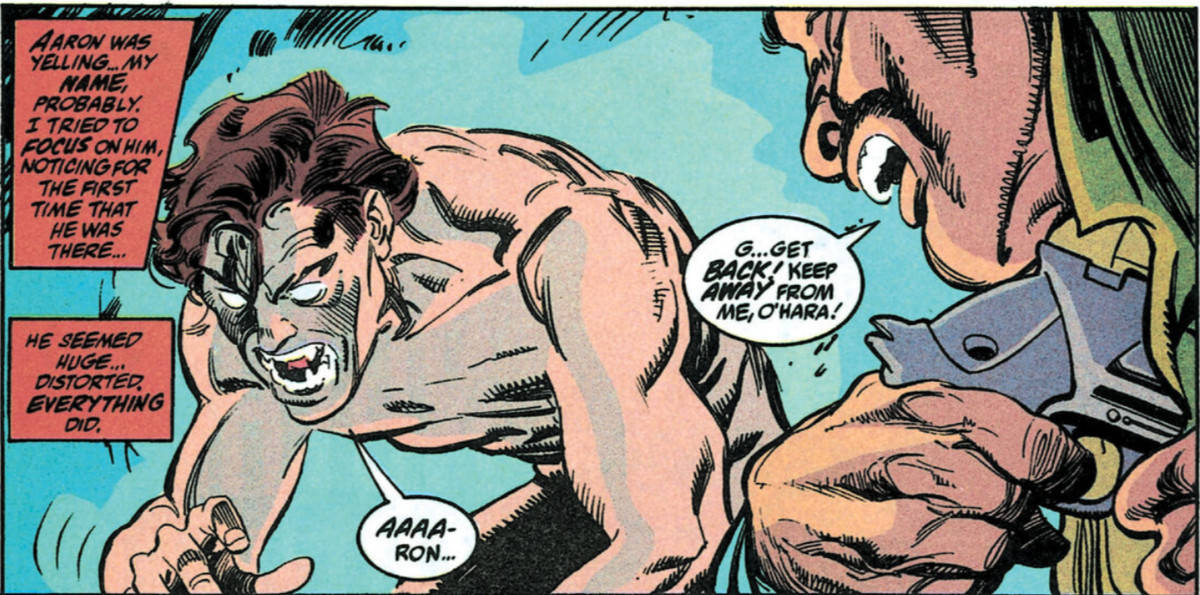 Un Miguel O'Hara nu et monstrueux avec des crocs et des yeux complètement blancs s'accroupit dans un hébétude apparemment meurtrier alors qu'un homme au bord du panneau sort une arme à feu d'un étui d'épaule dans la panique.  Extrait de Spider-Man 2099 (Vol. 1) #2, Marvel Comics, 1992