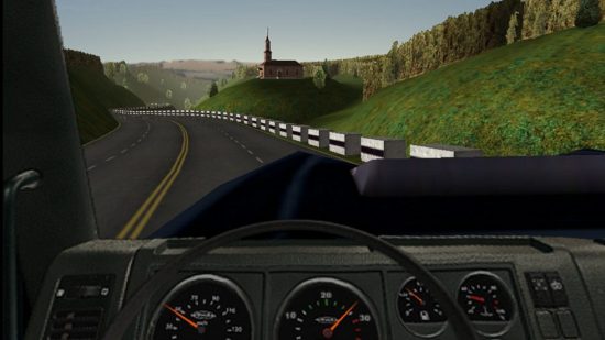 Meilleurs jeux de camion : vue depuis la cabine d'un camion roulant sur une route