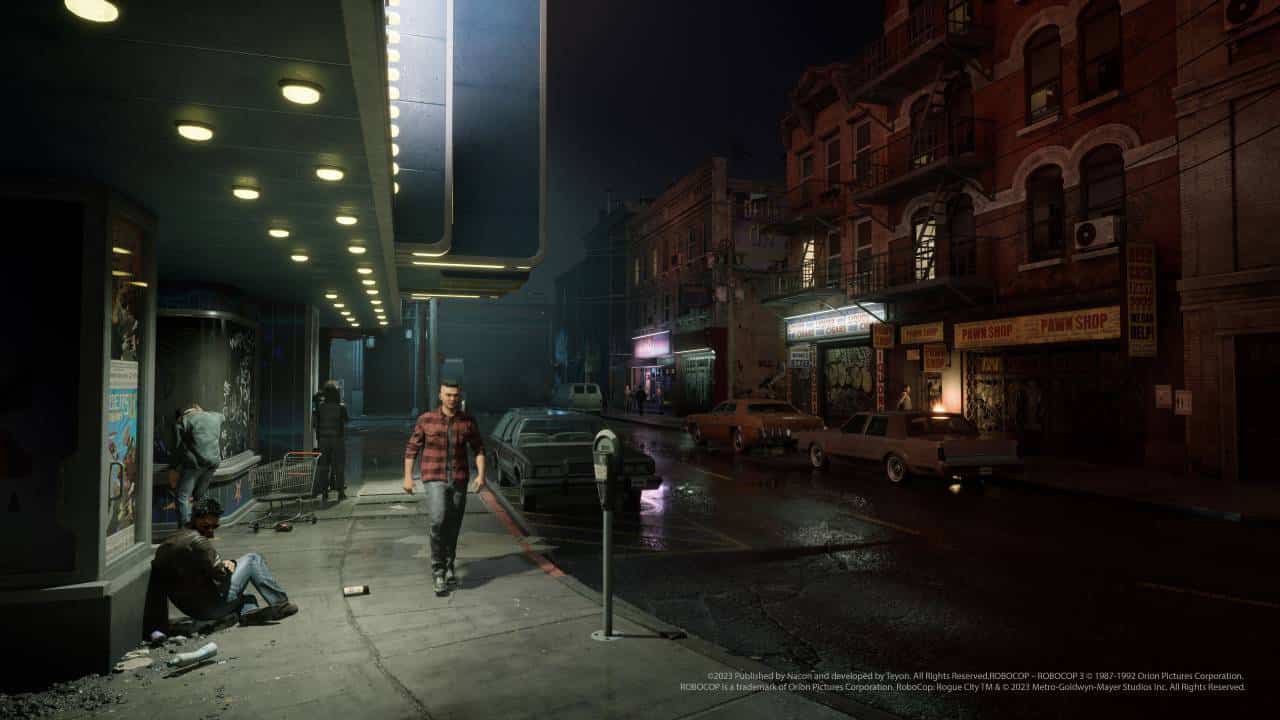 Aperçu du gameplay de RoboCop Rogue City : Un homme vêtu d'une chemise à carreaux rouges et noirs passe devant un caddie dans une rue sombre de Detroit.