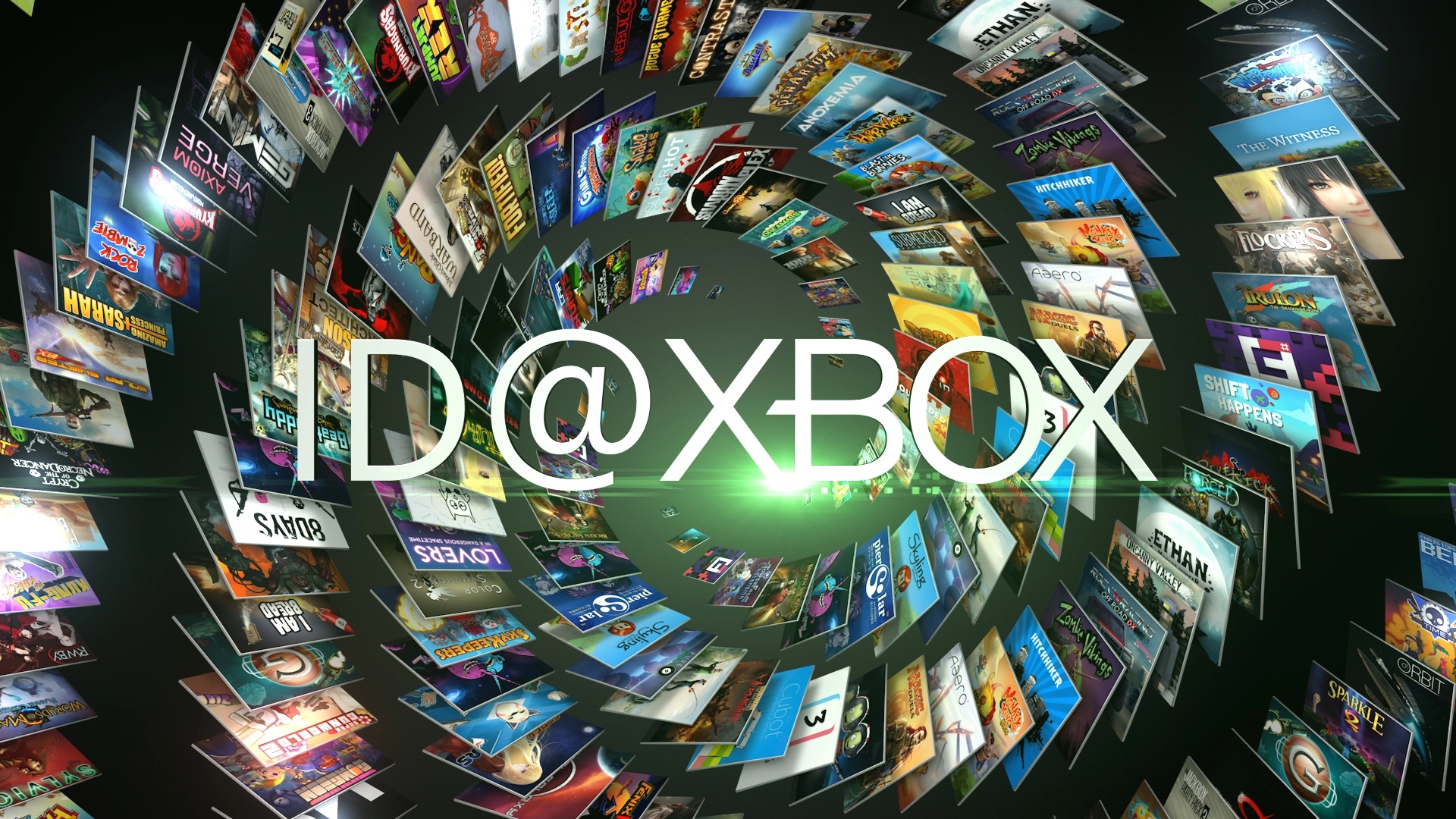 Le logo ID@Xbox contre un vortex tourbillonnant de jeux indépendants