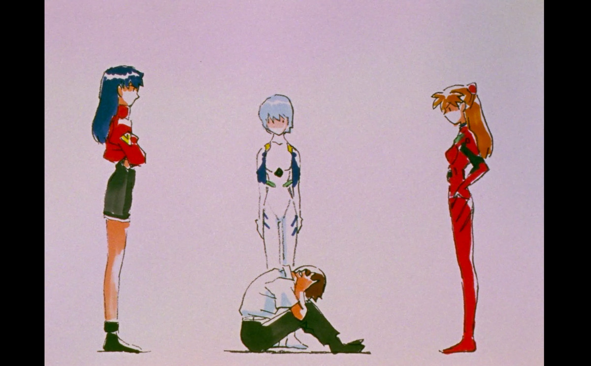 Shinji de Neon Genesis Evangelion est angoissé alors que d'autres personnages regardent, avec l'art dans un style plus sommaire que le look finalisé habituel de la série.