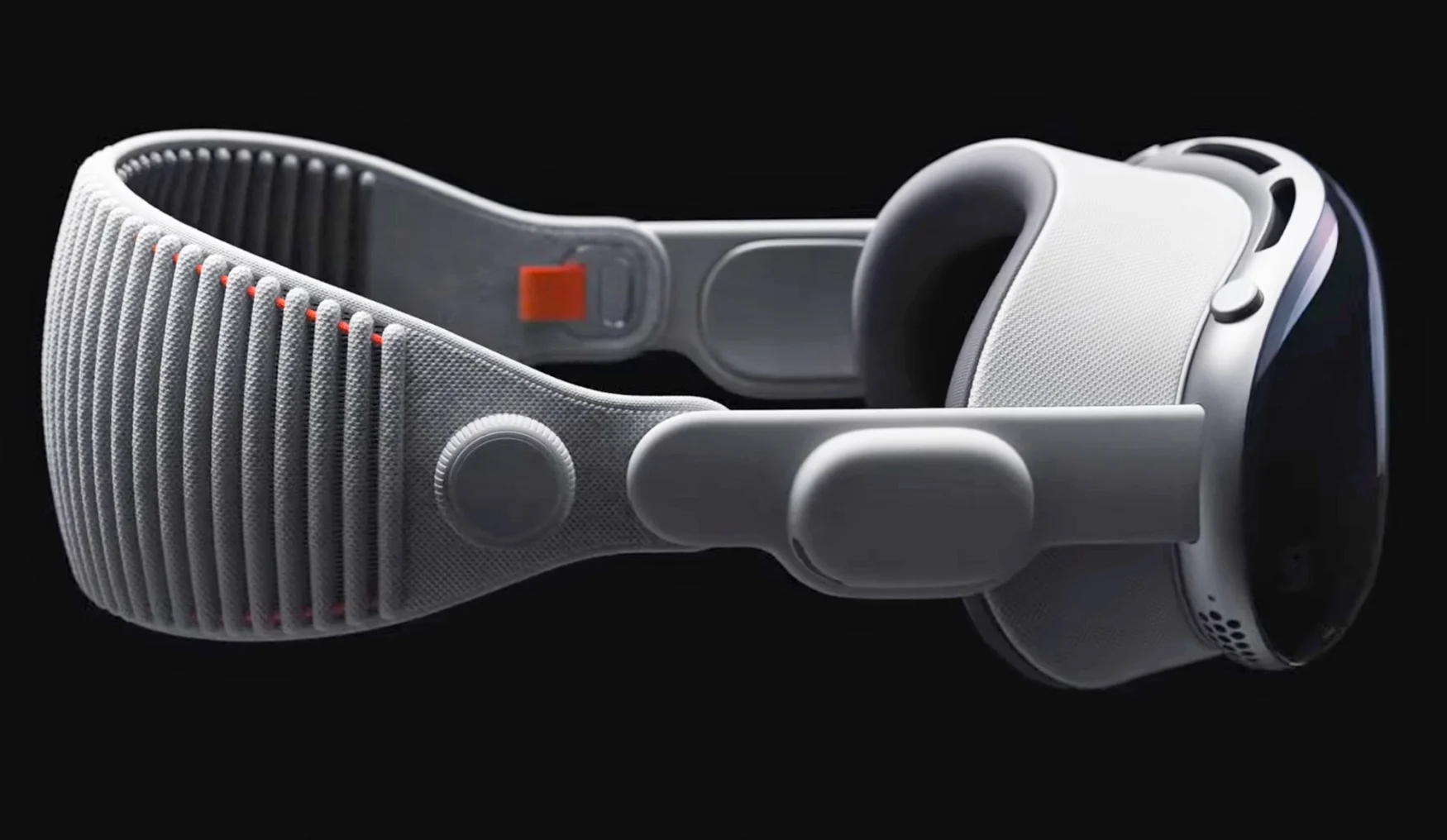 Une vue latérale des oreillettes et du bandeau de l'Apple Vision Pro. 