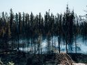 De la fumée s'élève des arbres en feu près de Chapais, dans le nord du Québec, le 2 juin.