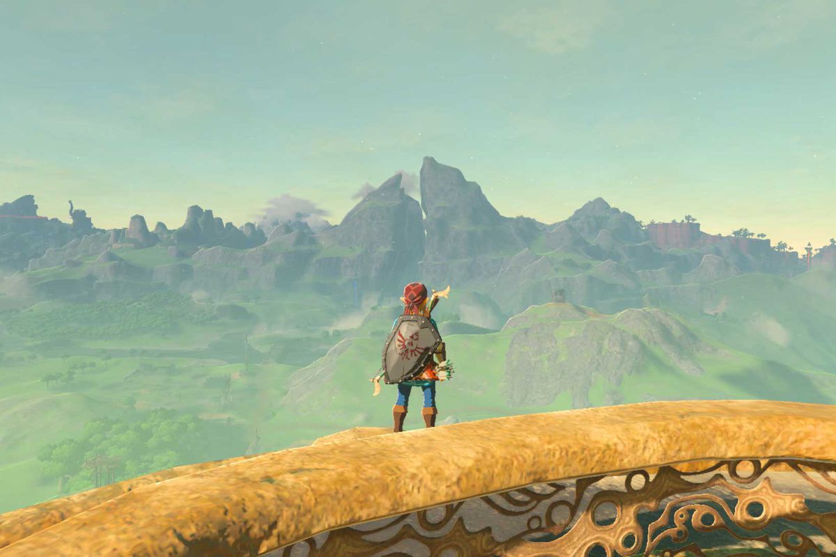 Link surplombe Hyrule et Dueling Peaks dans The Legend of Zelda: Breath of the Wild