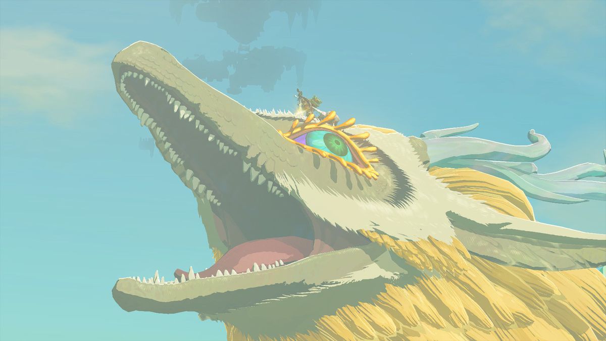 Le Dragon de Lumière laisse échapper un cri en volant dans le ciel dans Zelda : Tears of the Kingdom