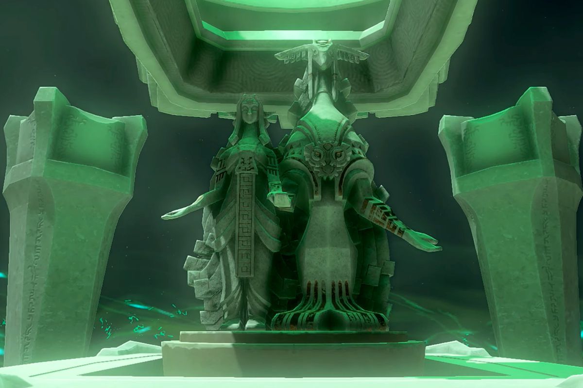 Des statues de Rauru et Sonia, les mains tendues, sur le point d'offrir à Link une Bénédiction de Lumière pour dissiper les dégâts de Gloom à la fin d'un Sanctuaire dans The Legend of Zelda: Tears of the Kingdom