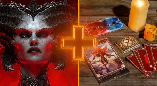 Lillith from Diablo 4 alongside cards and components for Gloomhaven: Jaws of the Lion, with a GamesRadar+ cross in the middle