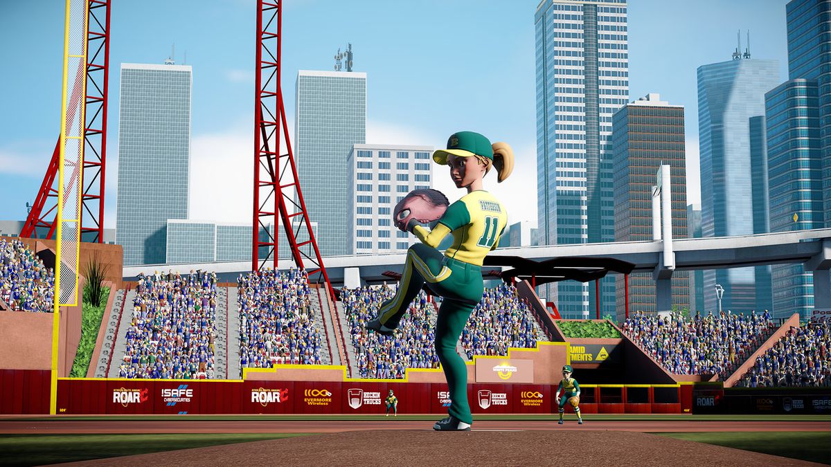 SUP FOUR EYES jk voici le vrai texte alternatif : Un lanceur nommé Patterson, dans un uniforme vert et jaune, se prépare à lancer un terrain dans Super Mega Baseball 4