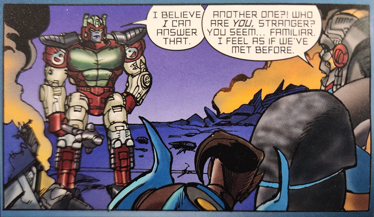Apelinq dans The Wreckers No. 1 – un robot humanoïde rouge et crème debout sur un champ de bataille fumant, parlant à un personnage principalement hors panneau.  Dialogue : 