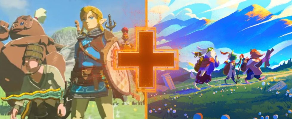 Link and allies from The Legend of Zelda: Tears of the Kingdom alongside animal adventurers from Wanderhome are alongside one another, with the GamesRadar+ cross over the top