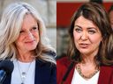 La chef du NPD Rachel Notley et la chef du Parti conservateur uni Danielle Smith sont montrées sur la campagne électorale de l'Alberta dans cette récente combinaison de photos.