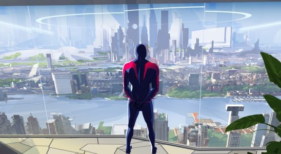 A visual development image with Miguel O’Hara/Spider-Man 2099 overlooking Nueva York on Earth 928 for Columbia Pictures and Sony Pictures Animations’ SPIDER-MAN™: ACROSS THE SPIDER-VERSE. Credit: Patrick O'Keefe, Production Designer