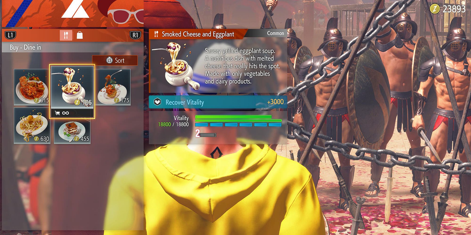 Le personnage du joueur achète du fromage fumé et de la soupe aux aubergines à un marchand ambulant dans Street Fighter 6.