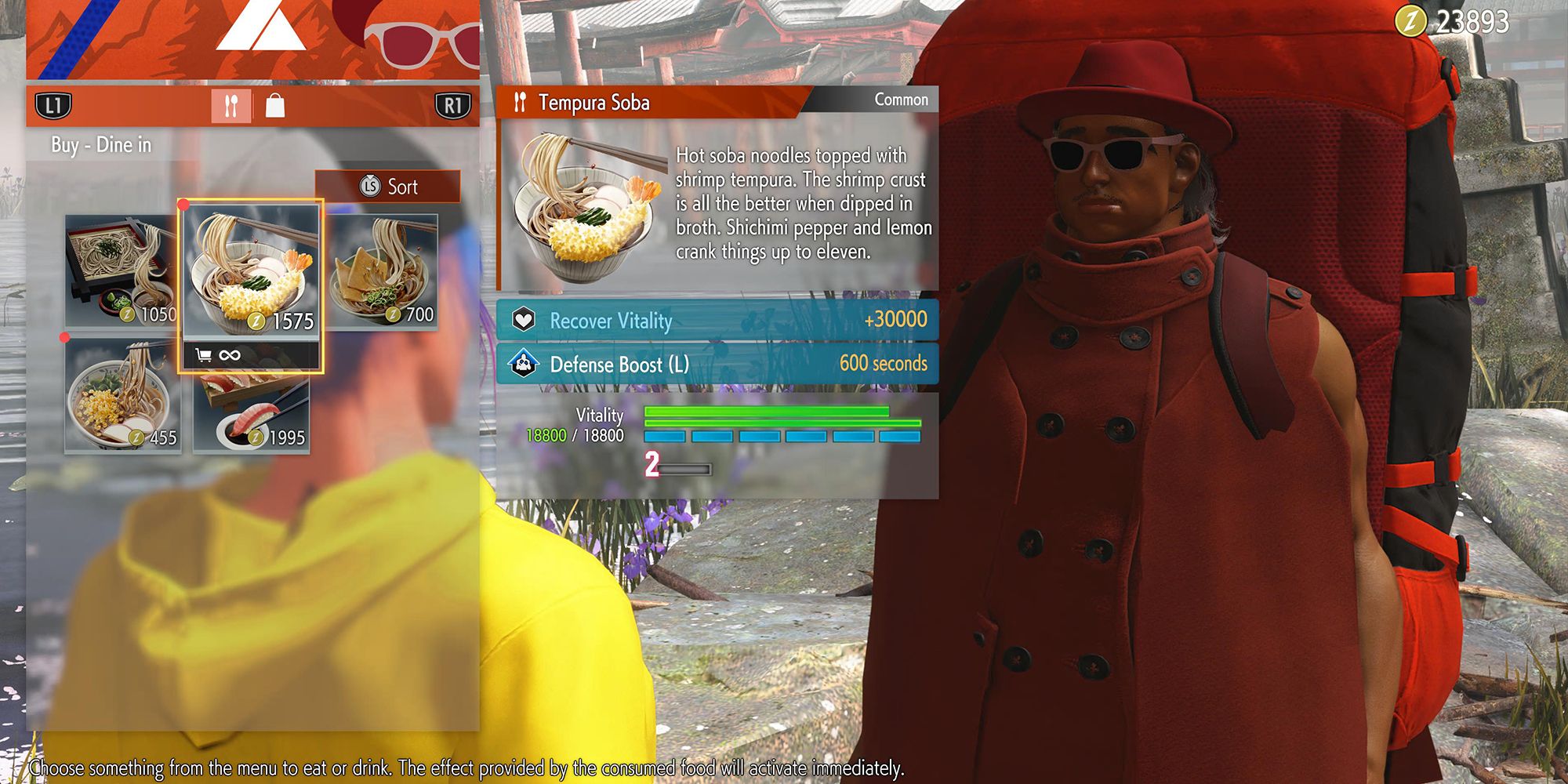 Le personnage du joueur achète des tempura soba à un marchand ambulant dans Street Fighter 6.