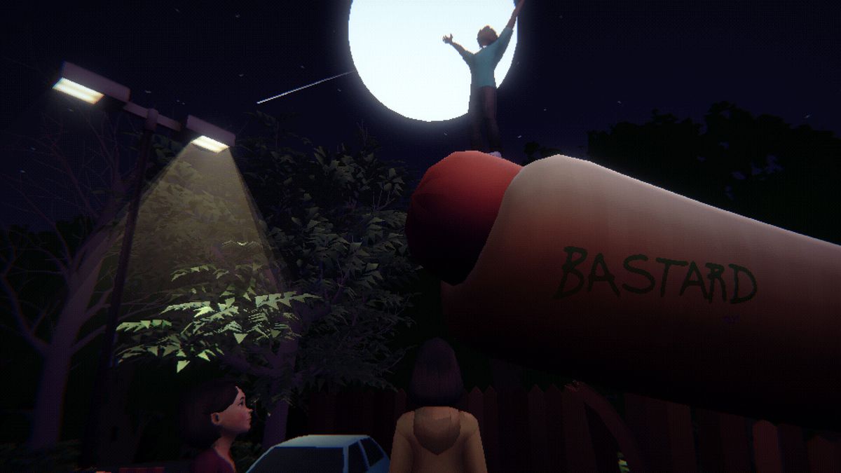 Un groupe d'amis traîne dans Homebody.  L'un d'eux a grimpé sur une énorme sculpture de hot-dog et pose les bras écartés, silhouetté par la lune.