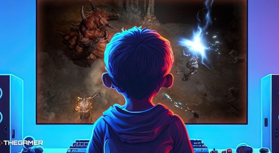 Young child playing Diablo 4 on big TV