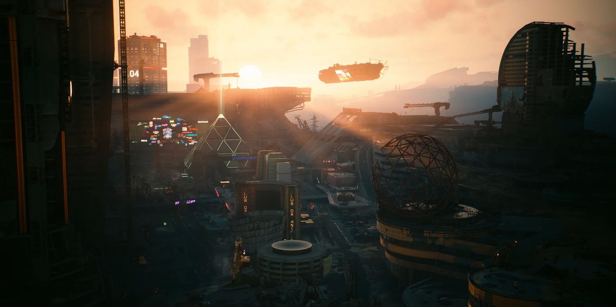 Le soleil se couche sur la bande de Dogtown qui est dominée par une pyramide vert fluo dans une capture d'écran de Cyberpunk 2077 : Phantom Liberty.