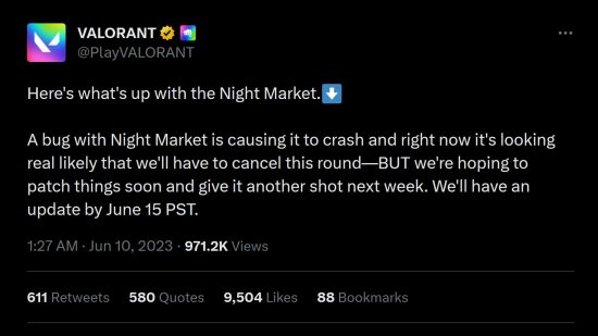 Valorant Night Market - Déclaration de Riot Games : "Voici ce qui se passe avec le marché nocturne.  Un bug avec Night Market le fait planter et pour le moment, il semble très probable que nous devrons annuler ce tour, MAIS nous espérons corriger les choses bientôt et lui donner une autre chance la semaine prochaine.  Nous aurons une mise à jour d'ici le 15 juin PST."
