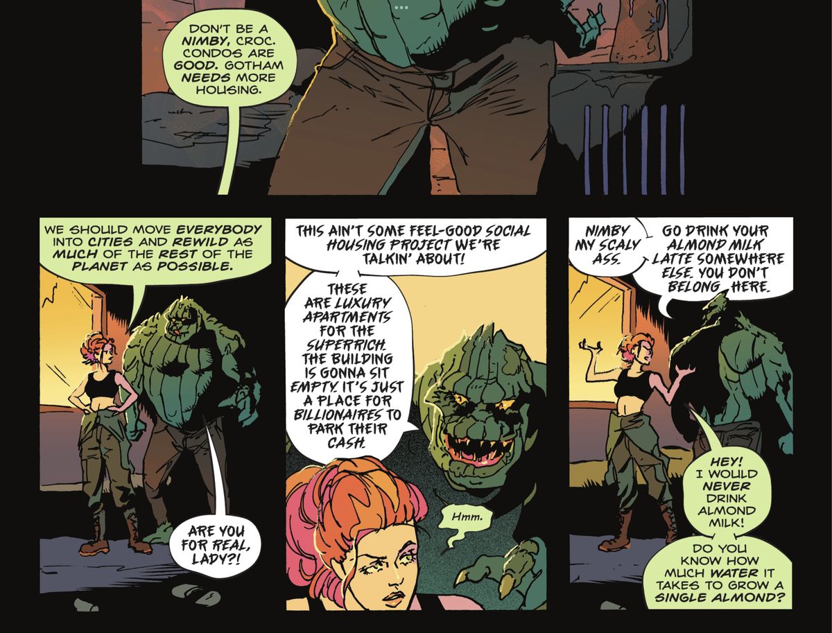 Poison Ivy et Killer Croc se disputent pour savoir si un nouveau lotissement est bon ou mauvais pour Gotham.  