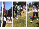 Les trois images ci-dessus sont tirées d'une vidéo montrant un drapeau Pride démoli dans un lycée de Londres, Sir Frederick Banting.