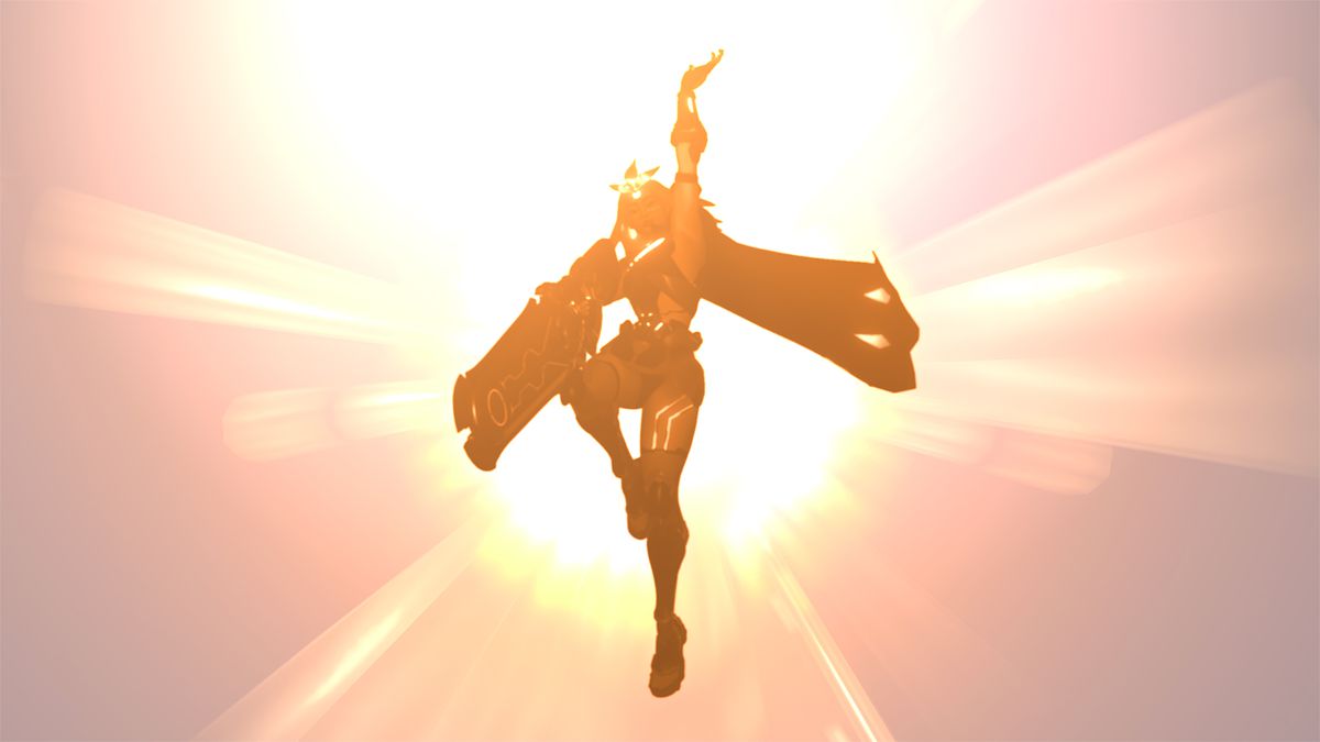 Le 38ème héros d'Overwatch 2, une jeune femme avec une grande épée/fusil, saute dans le ciel et est rétro-éclairé par le soleil