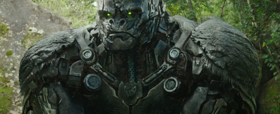 Optimus Primal sitting stoically in the jungle in Transformers Rise of the Beasts.