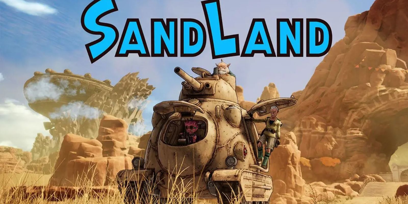 Jeu vidéo Sand Land mettant en vedette des personnages sur une machine à chars dans le désert