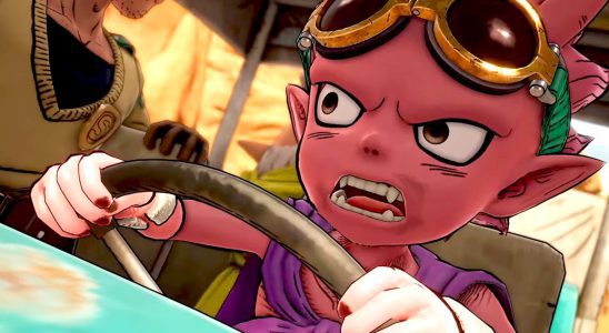 Beelzebub from Sand Land driving a vehicle with an intense expression.