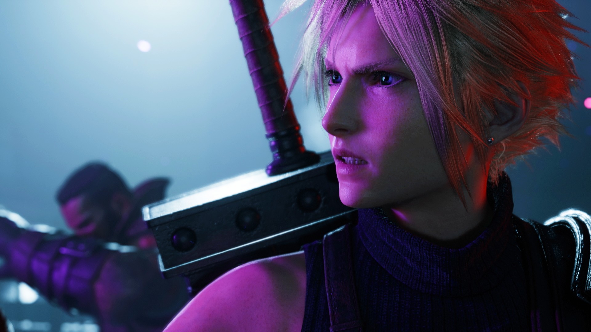 Héros de Final Fantasy 7 Rebirth Cloud montré contre la lumière violette