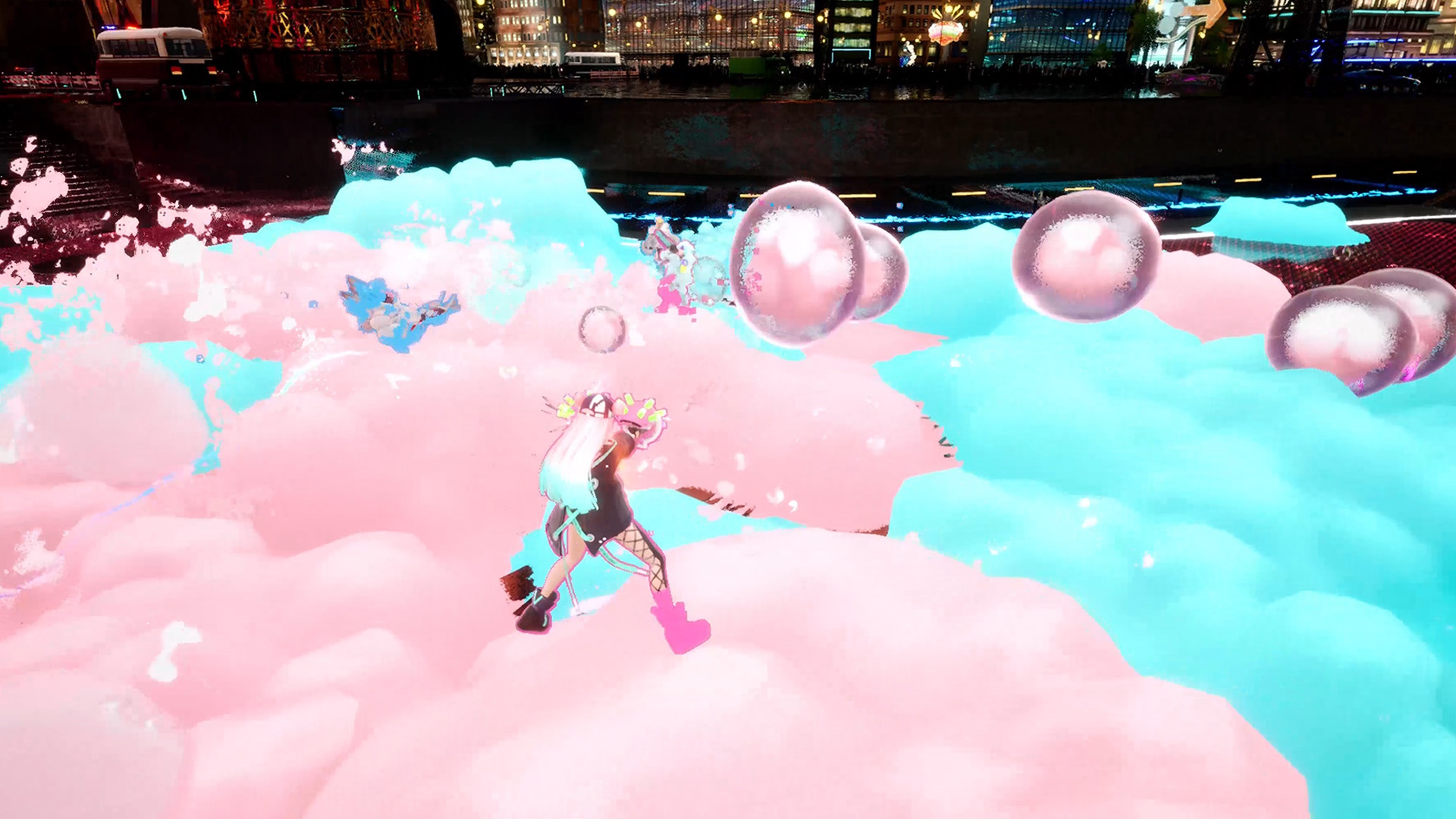 Les personnages de Foamstars s'affrontent sur un champ de bataille d'arène recouvert de mousse rose et bleue