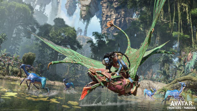 Une image de guerriers Na'vi chevauchant des créatures volantes dans Avatar : Frontiers of Pandora d'Ubisoft Massive, une adaptation du film de James Cameron.