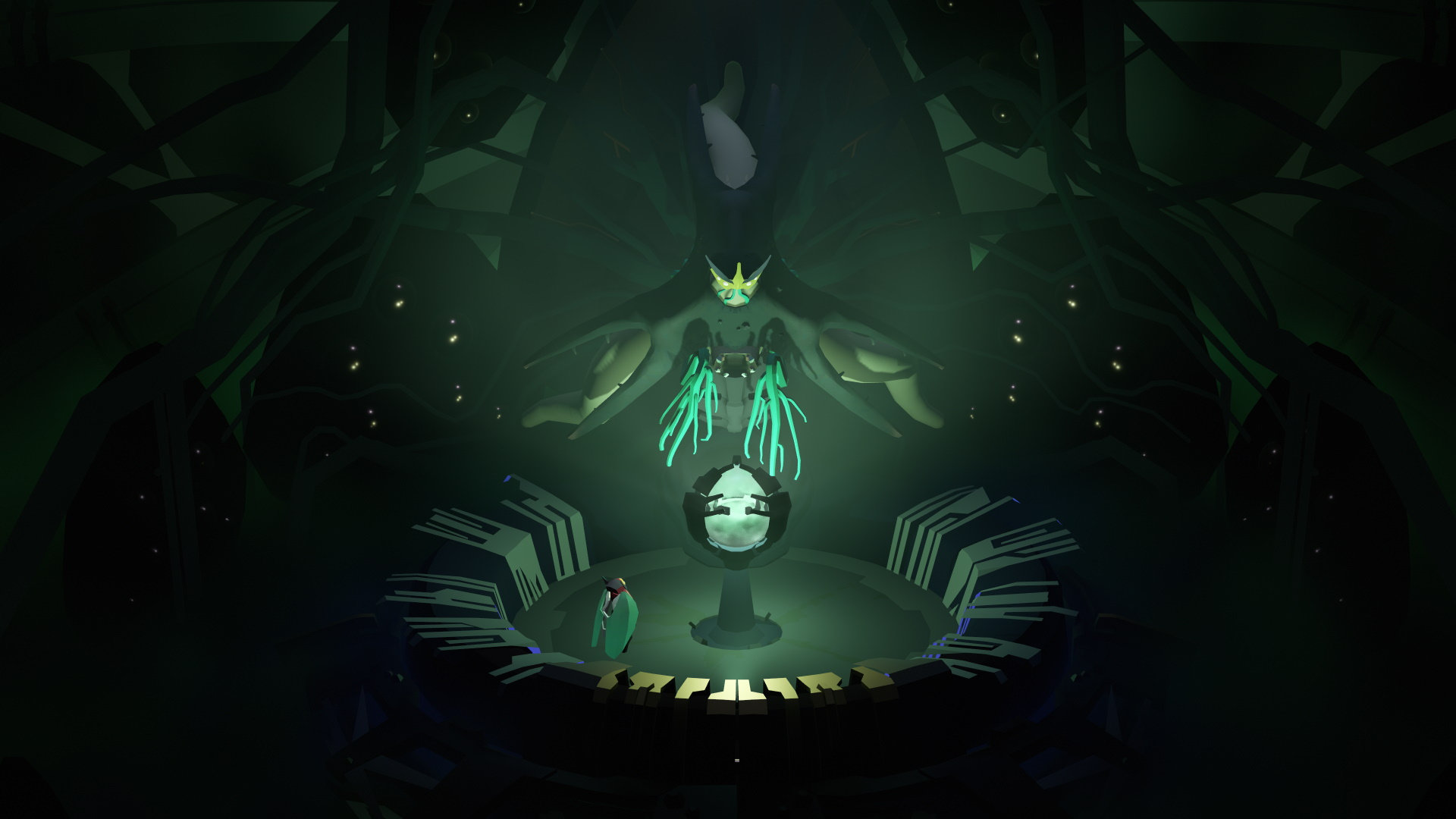 La capture d'écran de Cocoon montre le protagoniste regardant des machines extraterrestres étranges et colorées