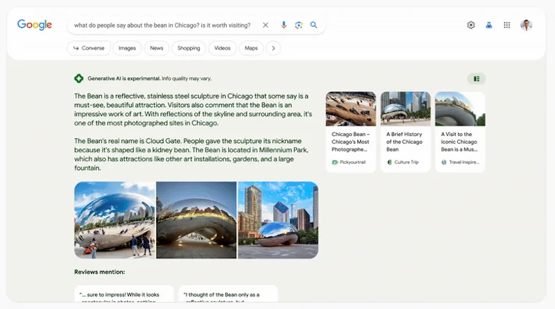Un résumé de l'IA sur Google Search of the Bean à Chicago