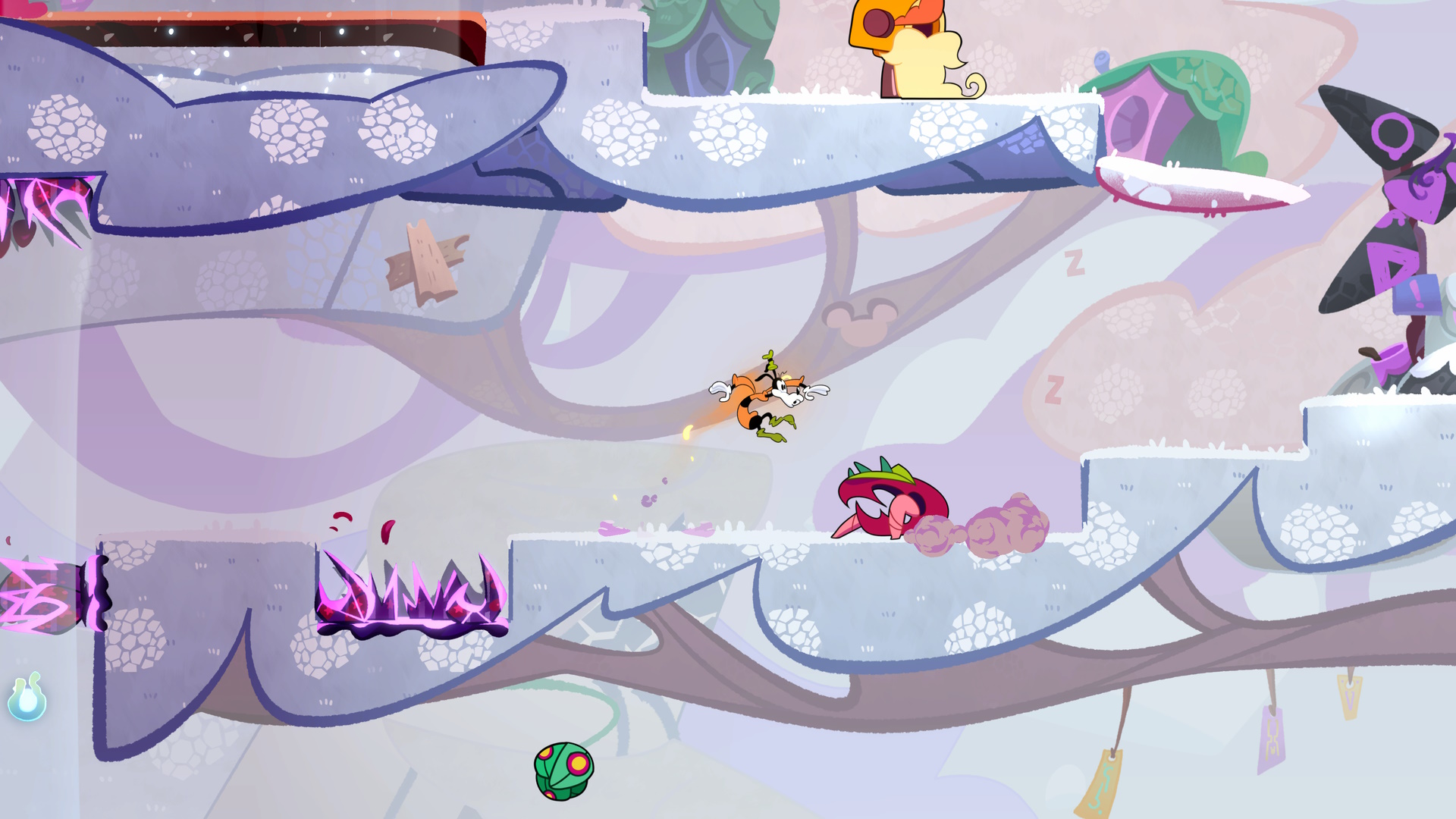 Capture d'écran de Disney Illusion Island montrant Dingo sautant à travers un niveau enneigé