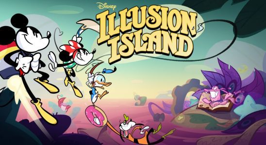 Disney Illusion Island key art featuring Mickey, Minnie, Goofy, and Donald with the logo in animated cartoon style