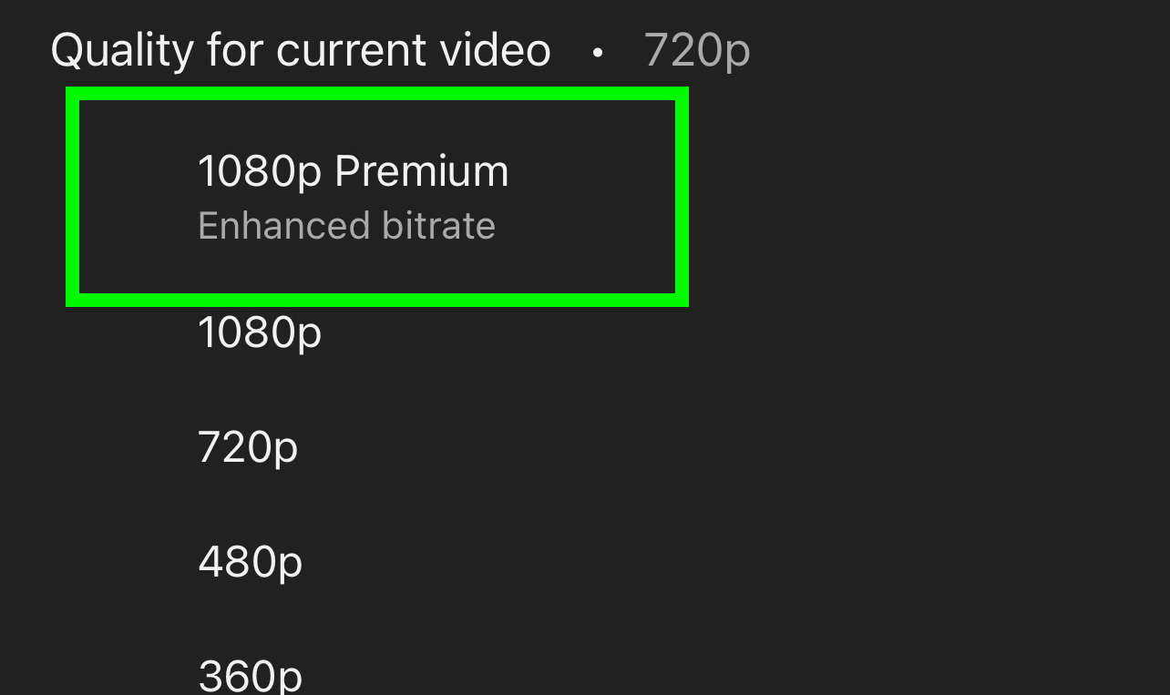 une boîte met en évidence l'option Premium 1080p, signifiant la prochaine étape dans la configuration de la fonctionnalité Premium 1080p de YouTube